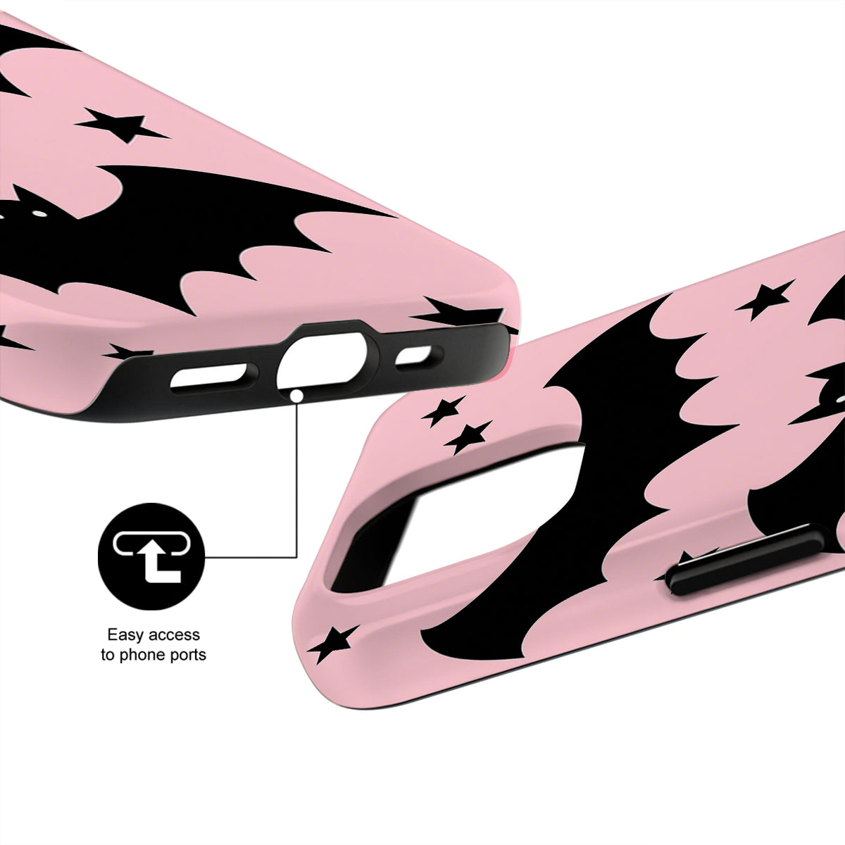 Pink phone case with black star pattern and easy access to phone ports on a white background