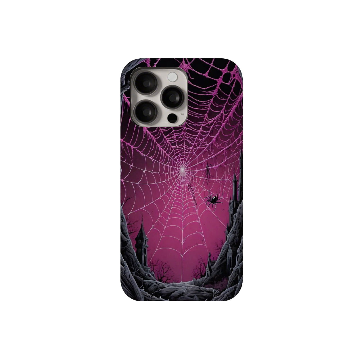 Phone case with spider web design on a white background