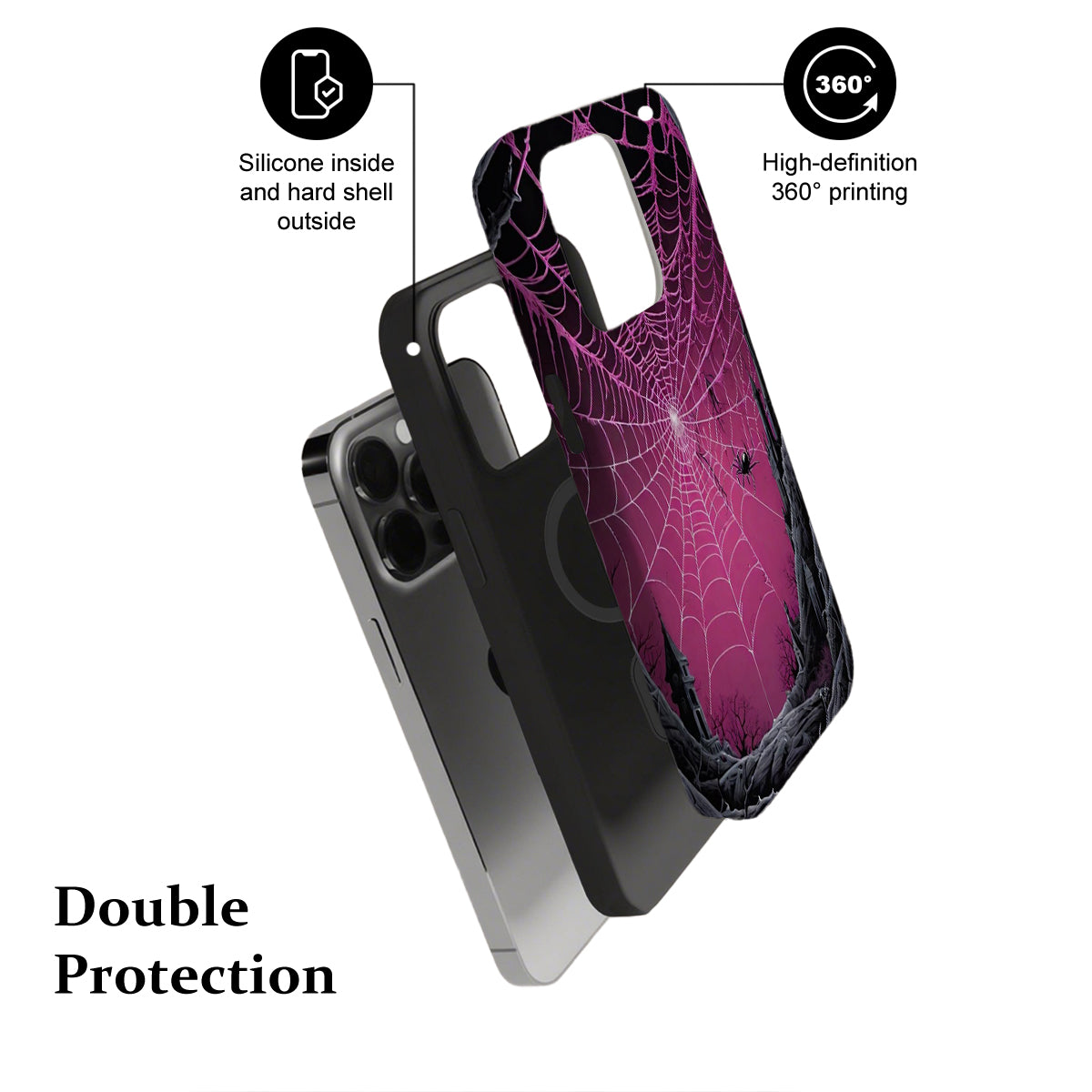 Phone case with spider web design and text highlighting features on a white background