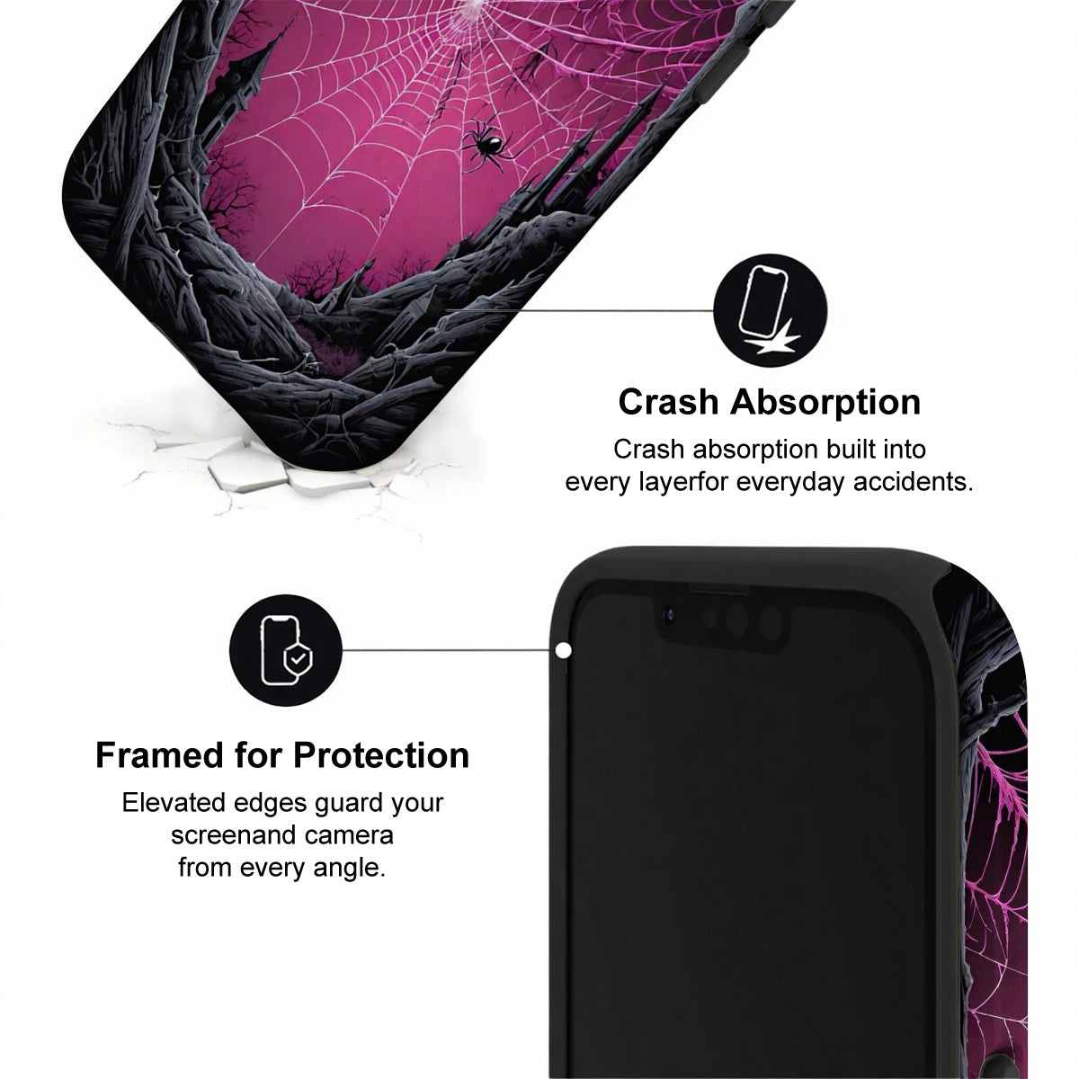 Phone case with spider web design and text highlighting crash absorption and protection features.