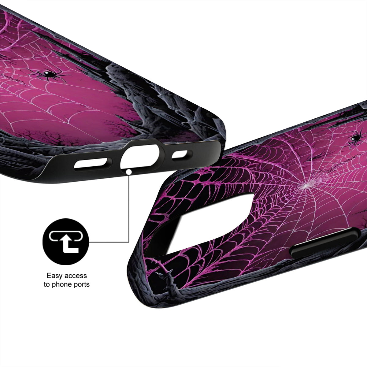 Phone case with spider web design and easy access to phone ports on a white background