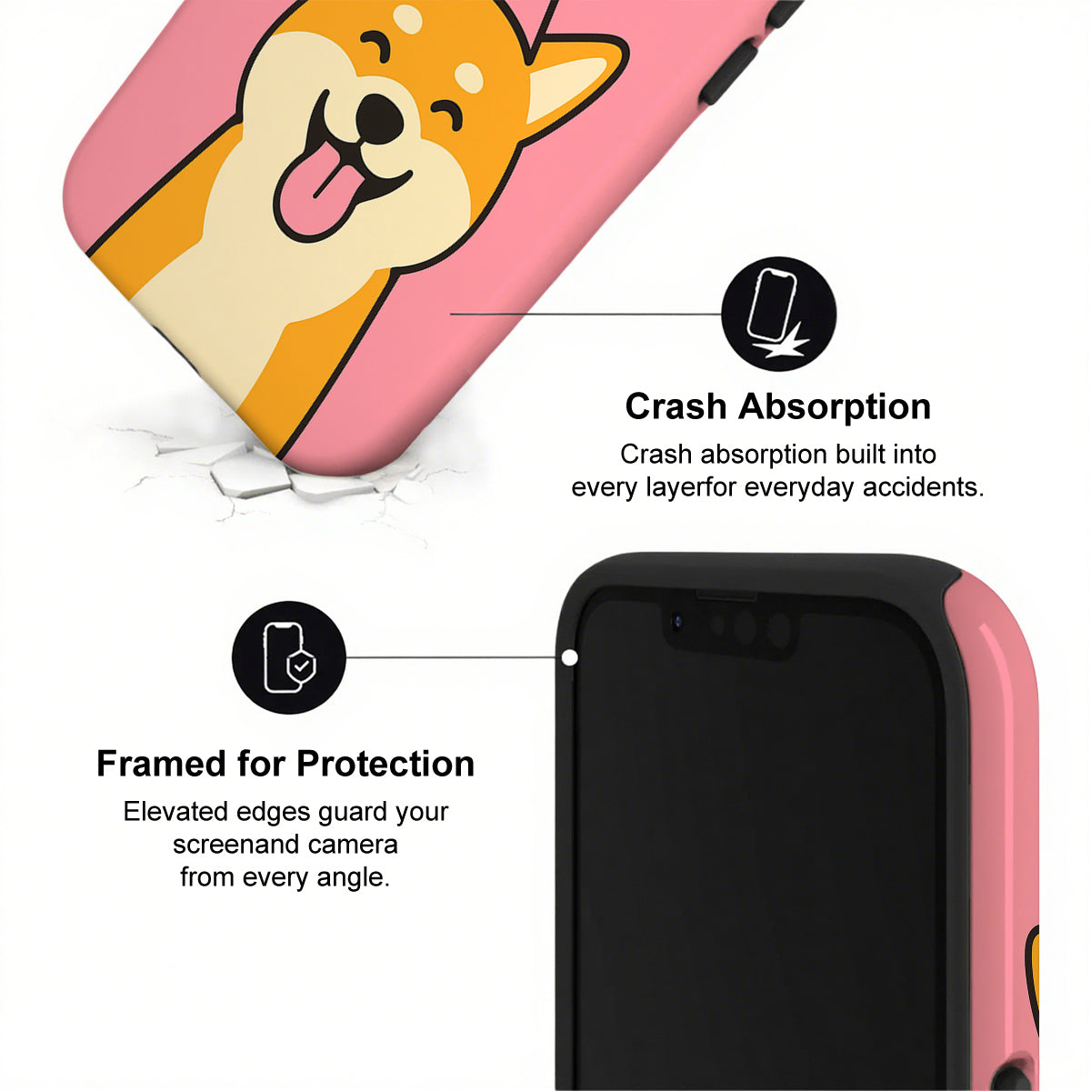 Phone case with cartoon dog design and text about crash absorption and protection.