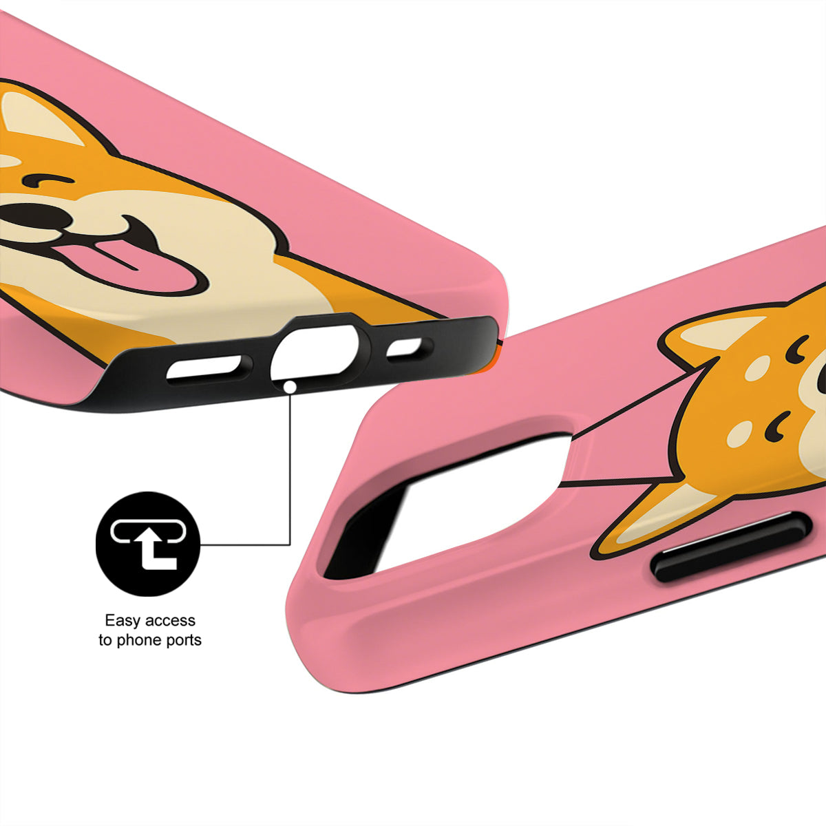 Pink phone case with dog illustration and easy access to phone ports feature