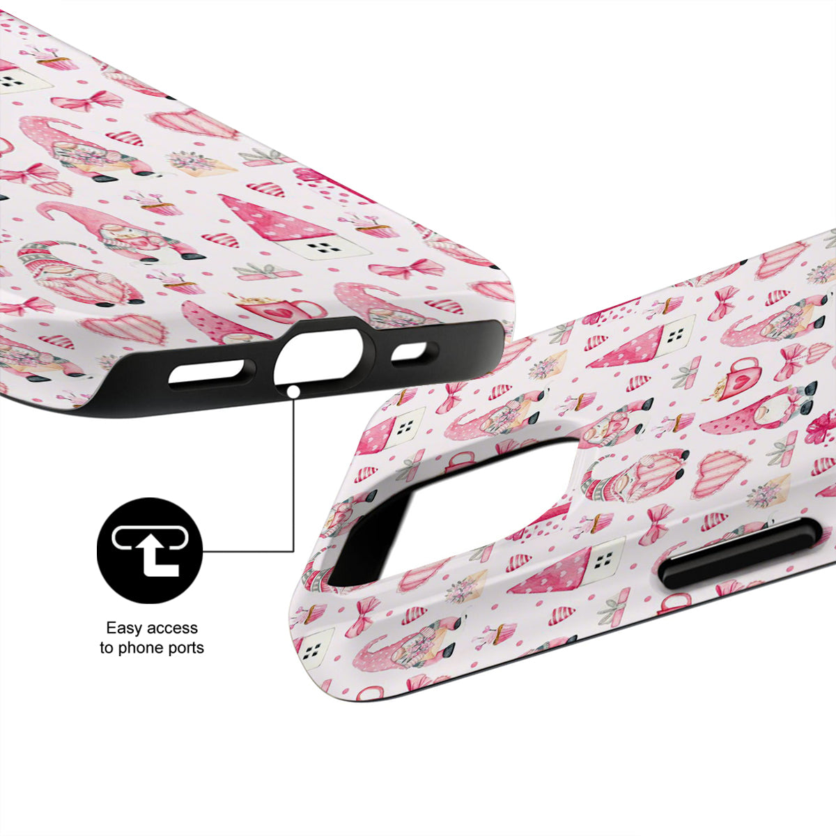 Phone case with pink gnomes design and text 'Easy access to phone ports' on a white background