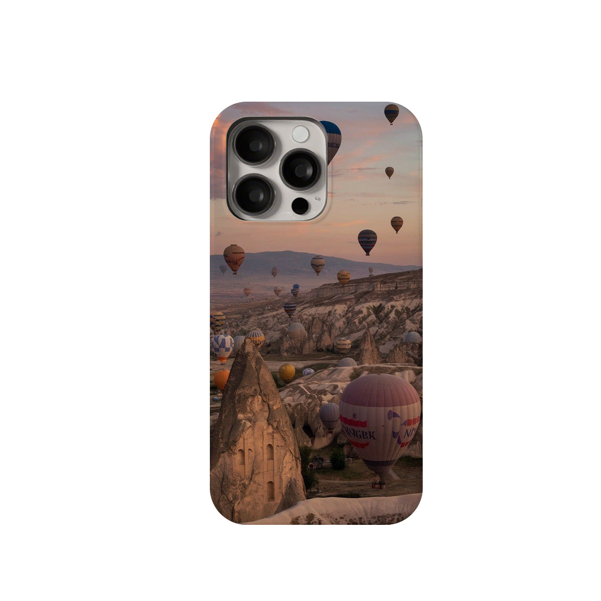 Phone case with a scenic design of hot air balloons over a landscape.