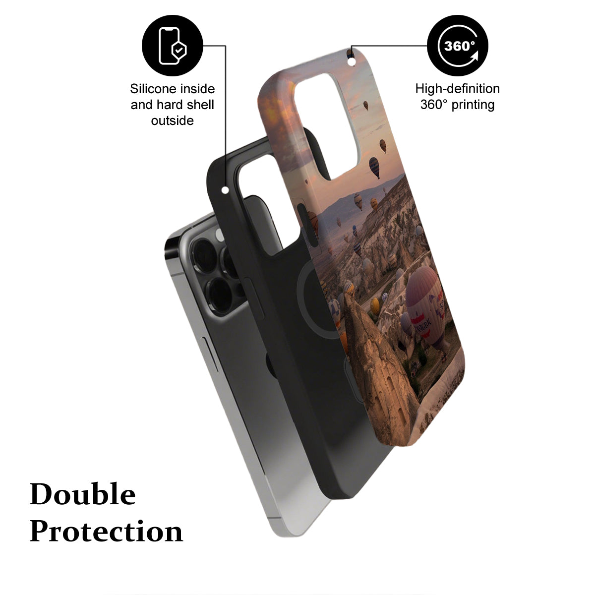 Phone case with desert landscape design, highlighting features on a white background