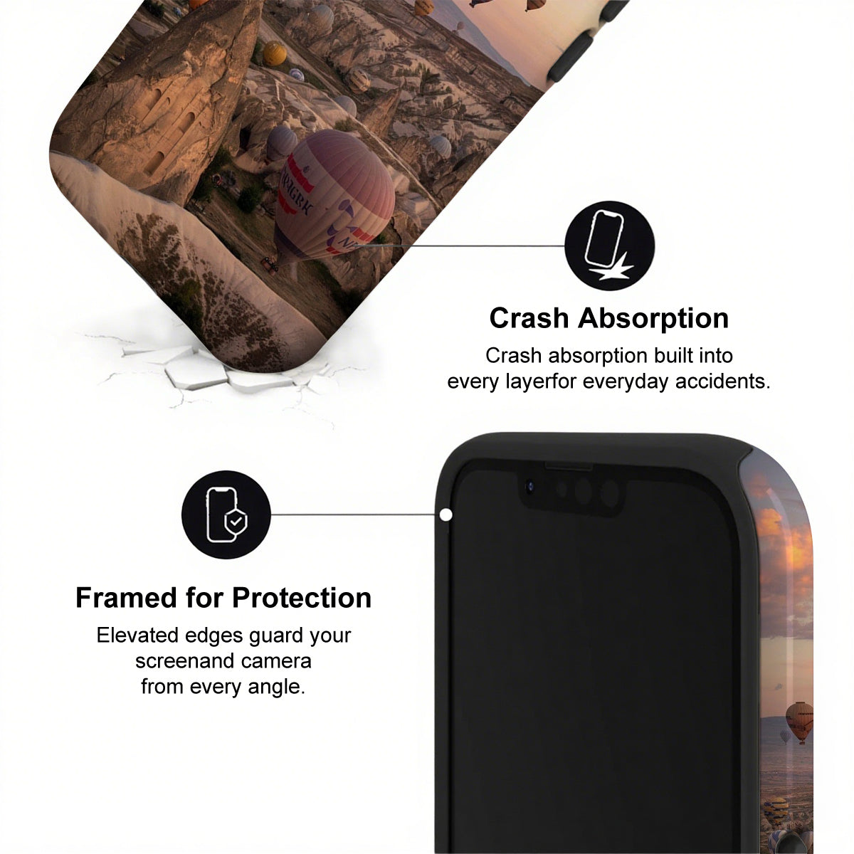 Phone case with crash absorption and framed protection features, shown with a desert landscape background.