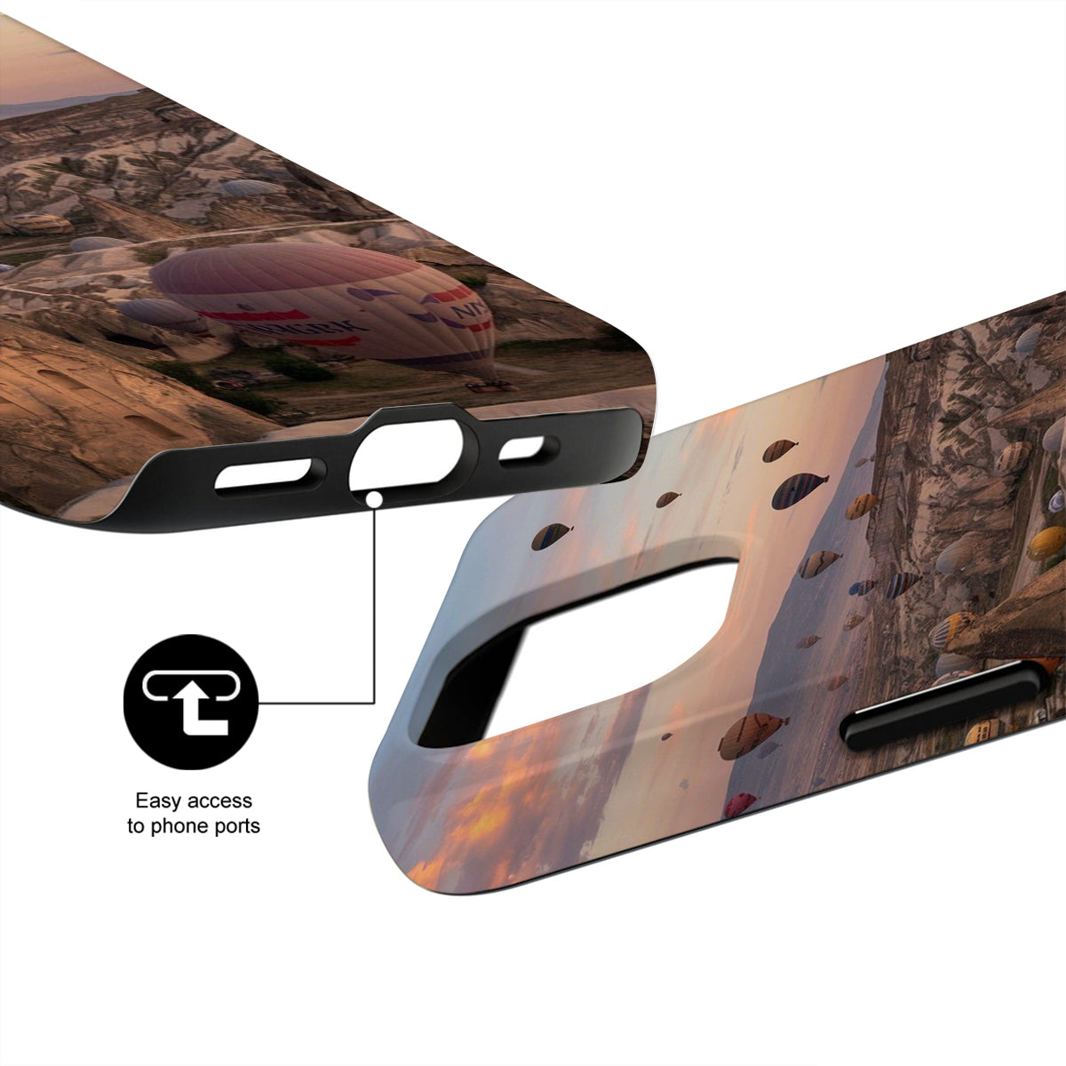 Phone case with desert landscape design and easy access to phone ports feature