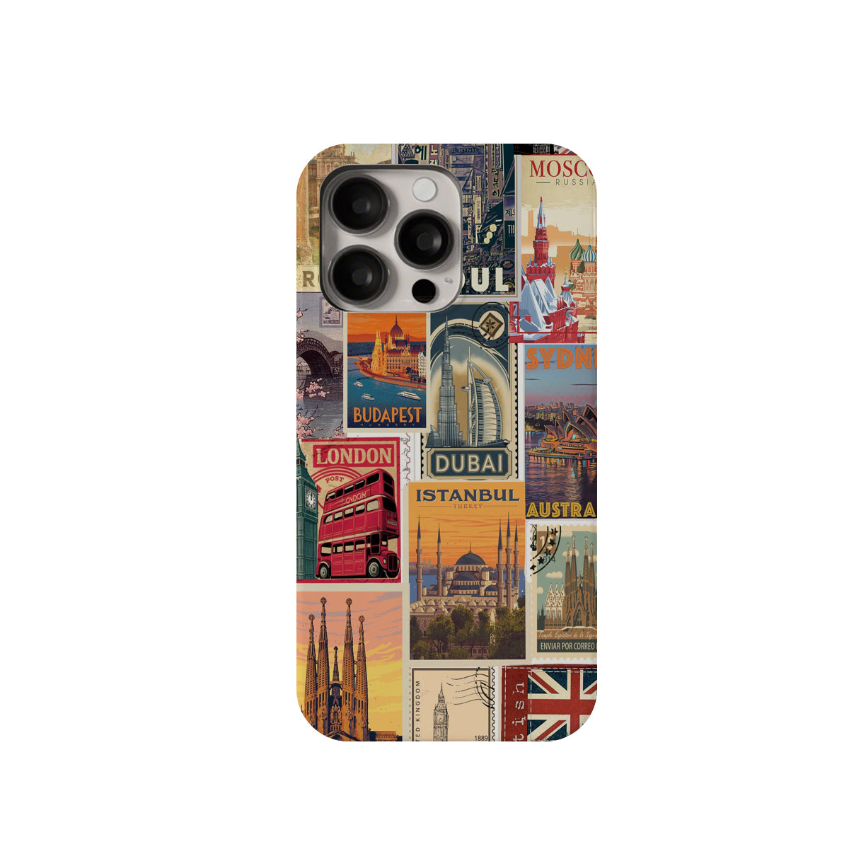 Phone case with travel-themed collage design on a white background