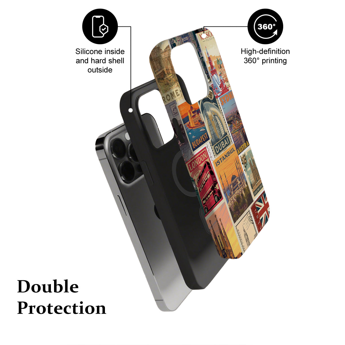 Phone case with travel-themed design and text highlighting features on a white background