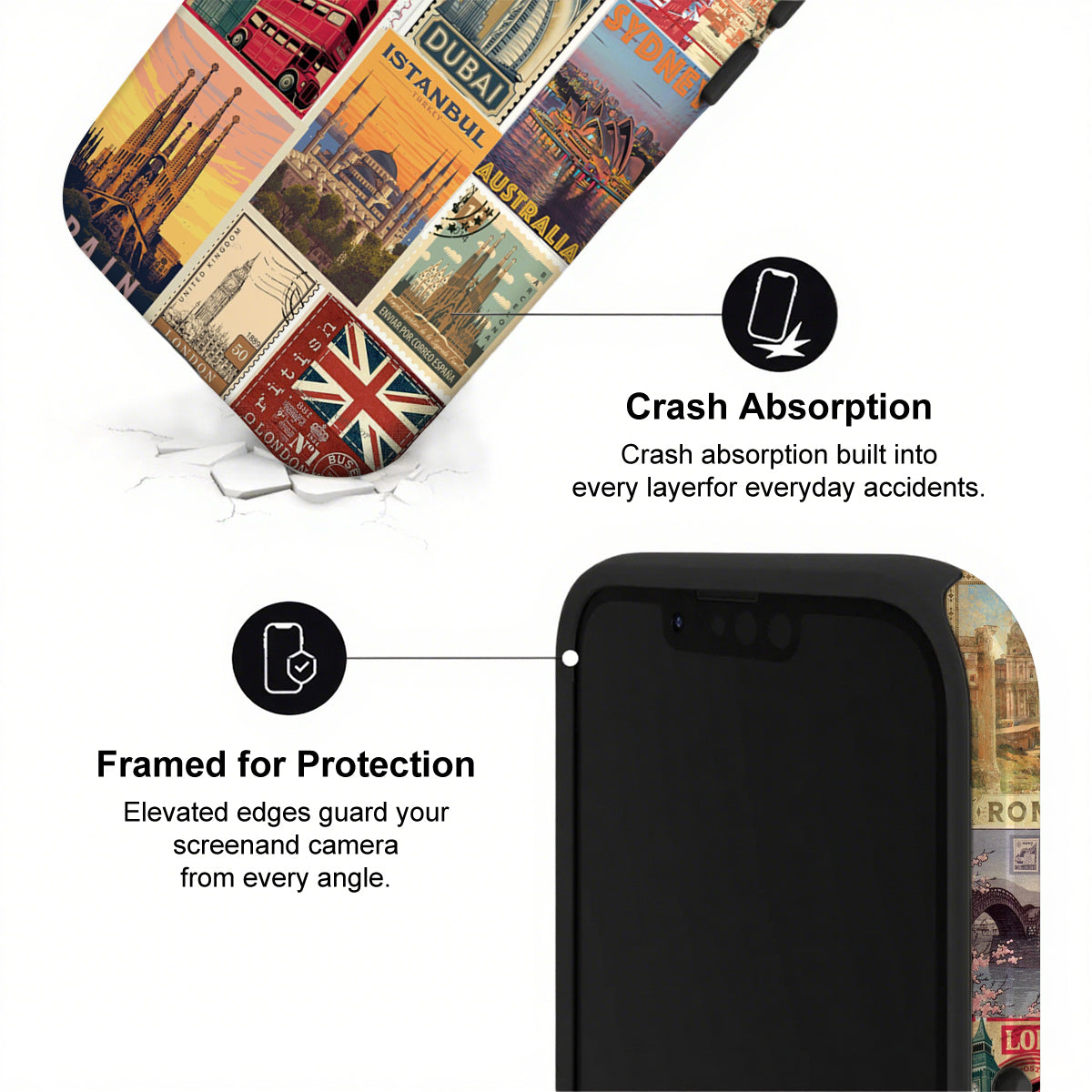 Phone case with travel-themed design and text about crash absorption and protection.