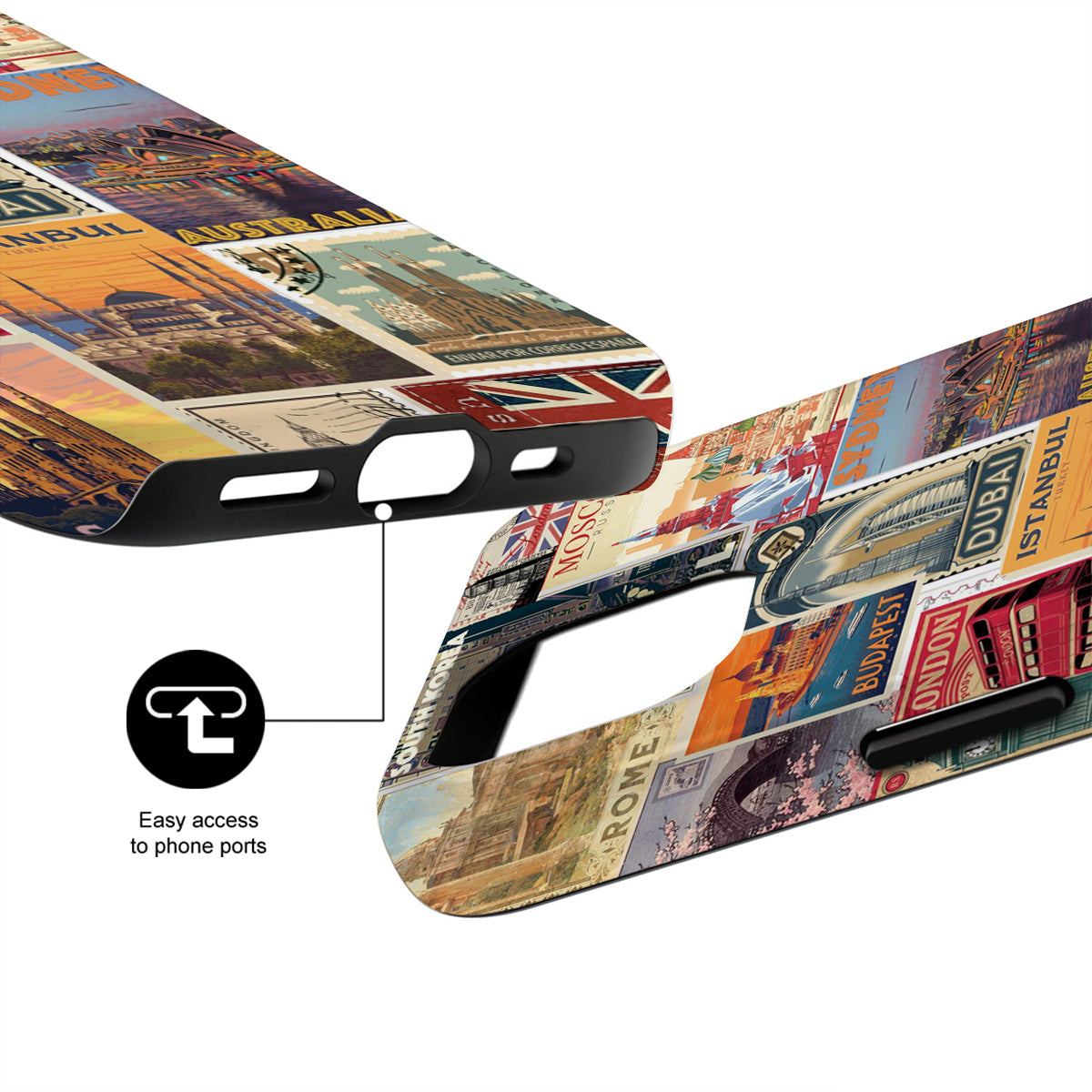 Phone case with travel-themed design featuring various landmarks and flags, showing ease of access to phone ports.
