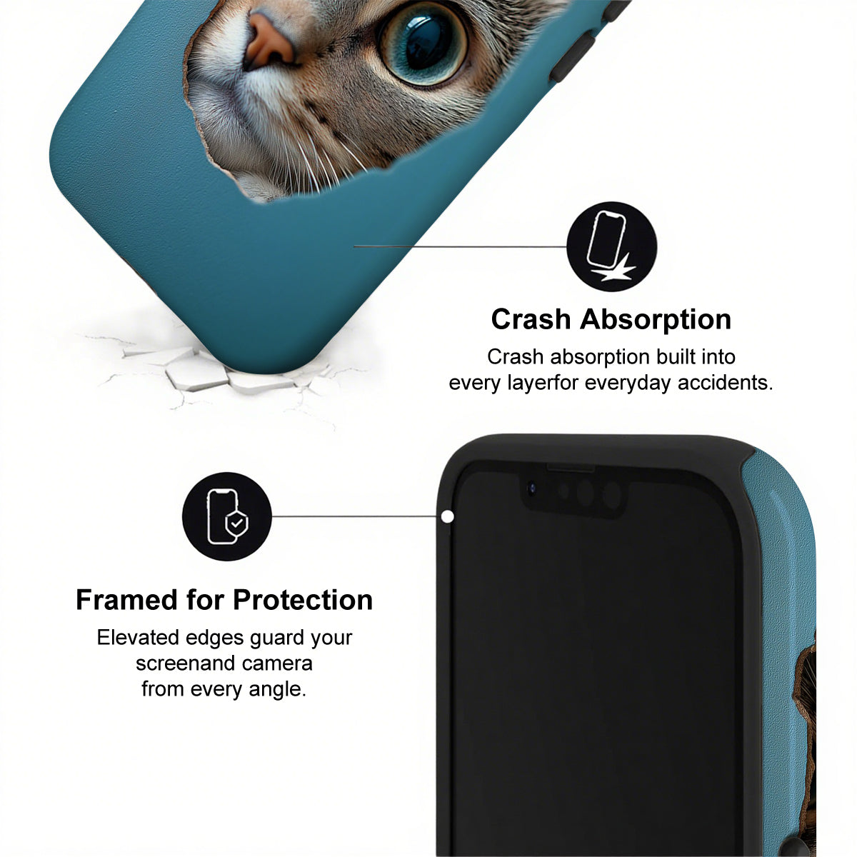 Phone case with cat design and text about crash absorption and protection