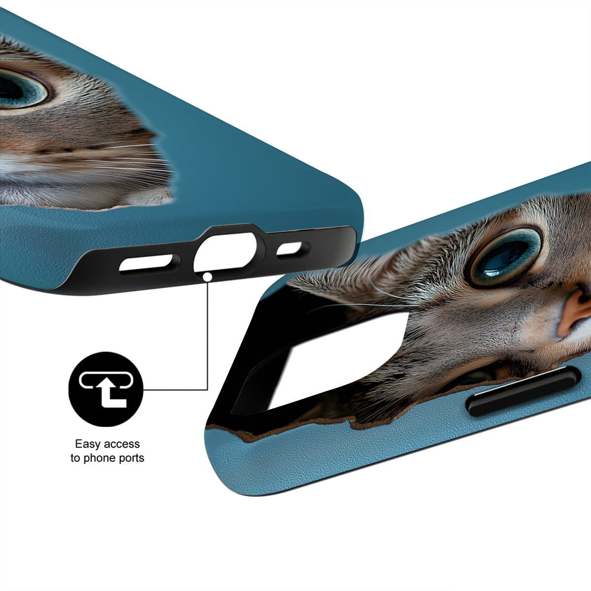 Phone case with peacock feather design and text 'Easy access to phone ports'.