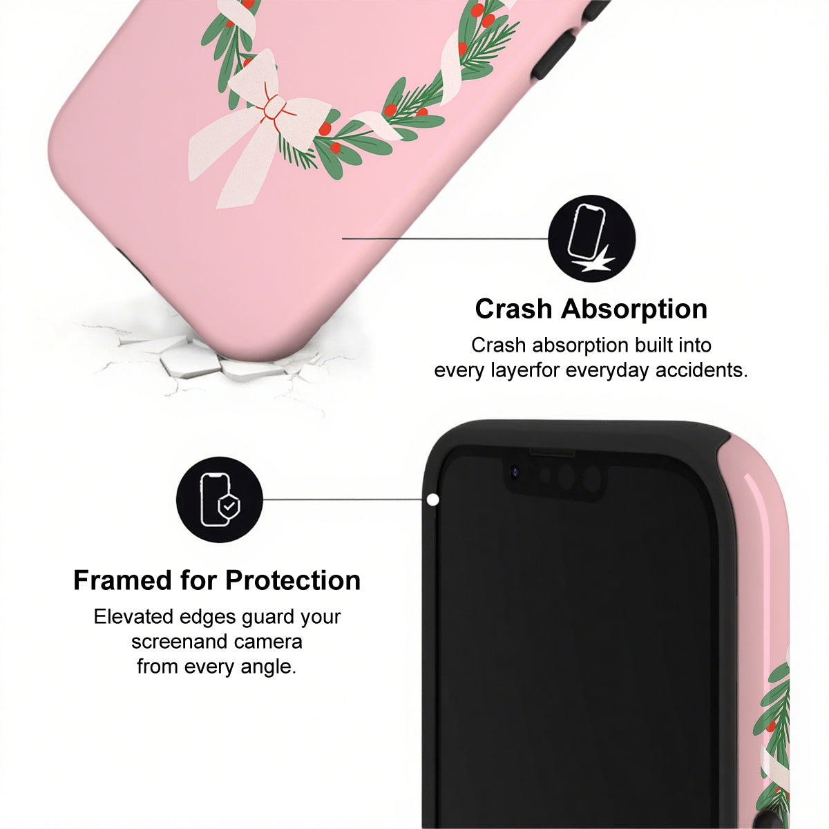 Phone case with pink and green design, showing crash absorption and protection features.