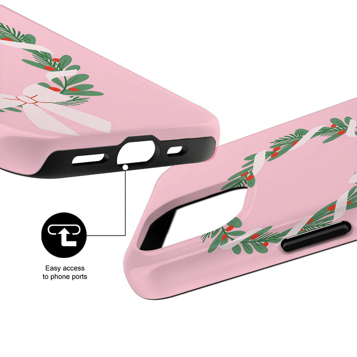 Pink phone case with floral design and easy access to phone ports on a white background