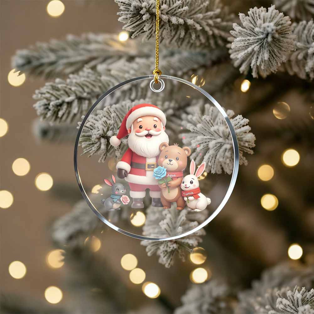 Christmas ornament with Santa Claus and animals on a tree with lights