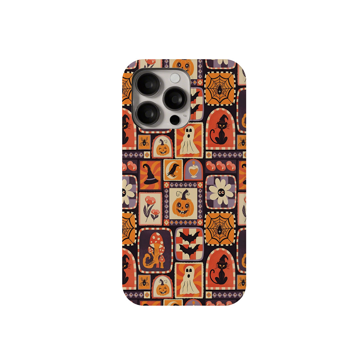 Phone case with Halloween-themed design on a white background