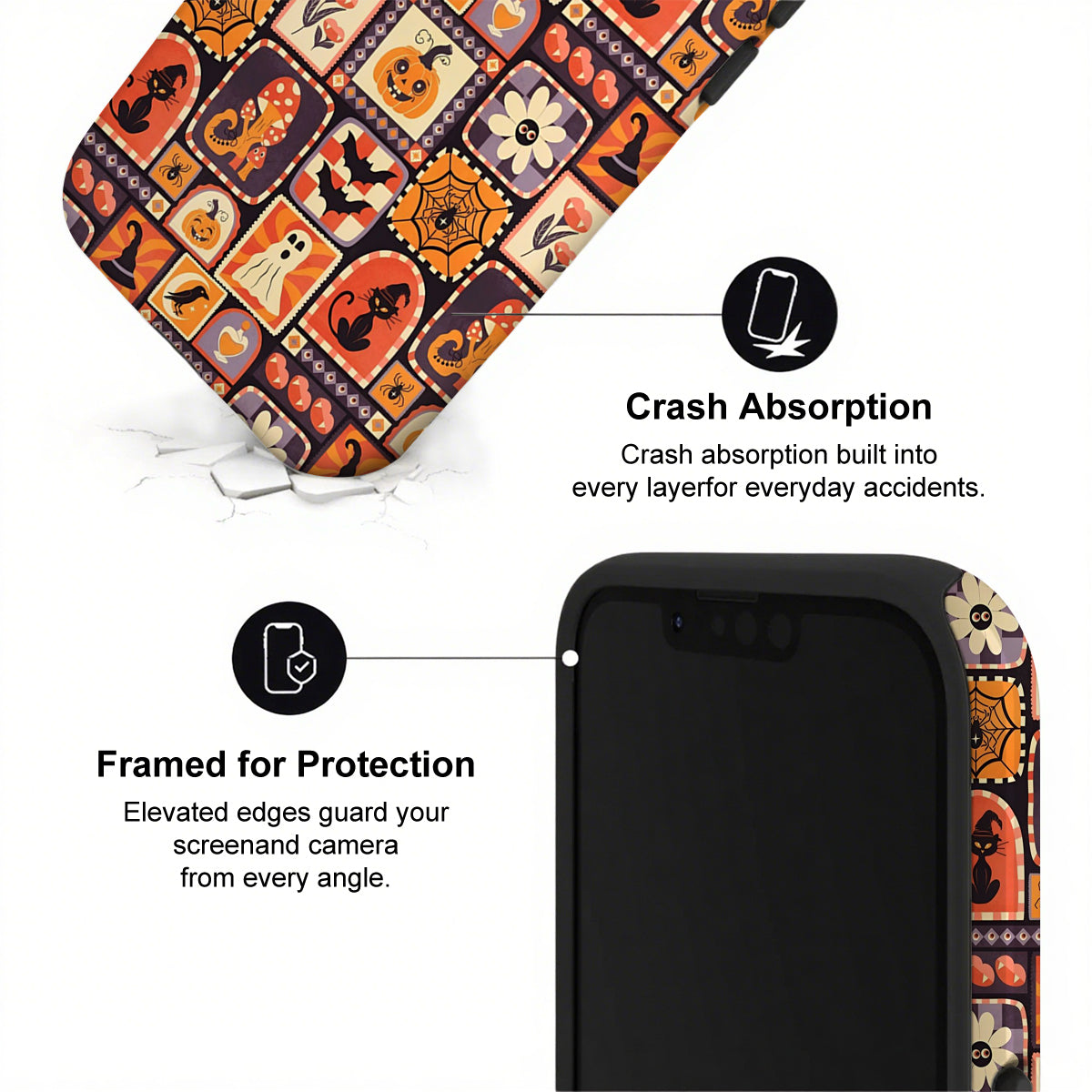 Phone case with Halloween design and text highlighting crash absorption and protection features.
