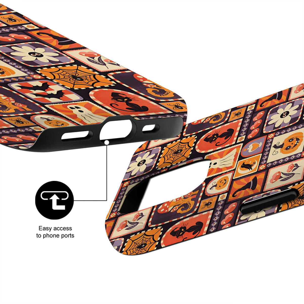 Halloween-themed phone case with design details and accessibility features on a white background