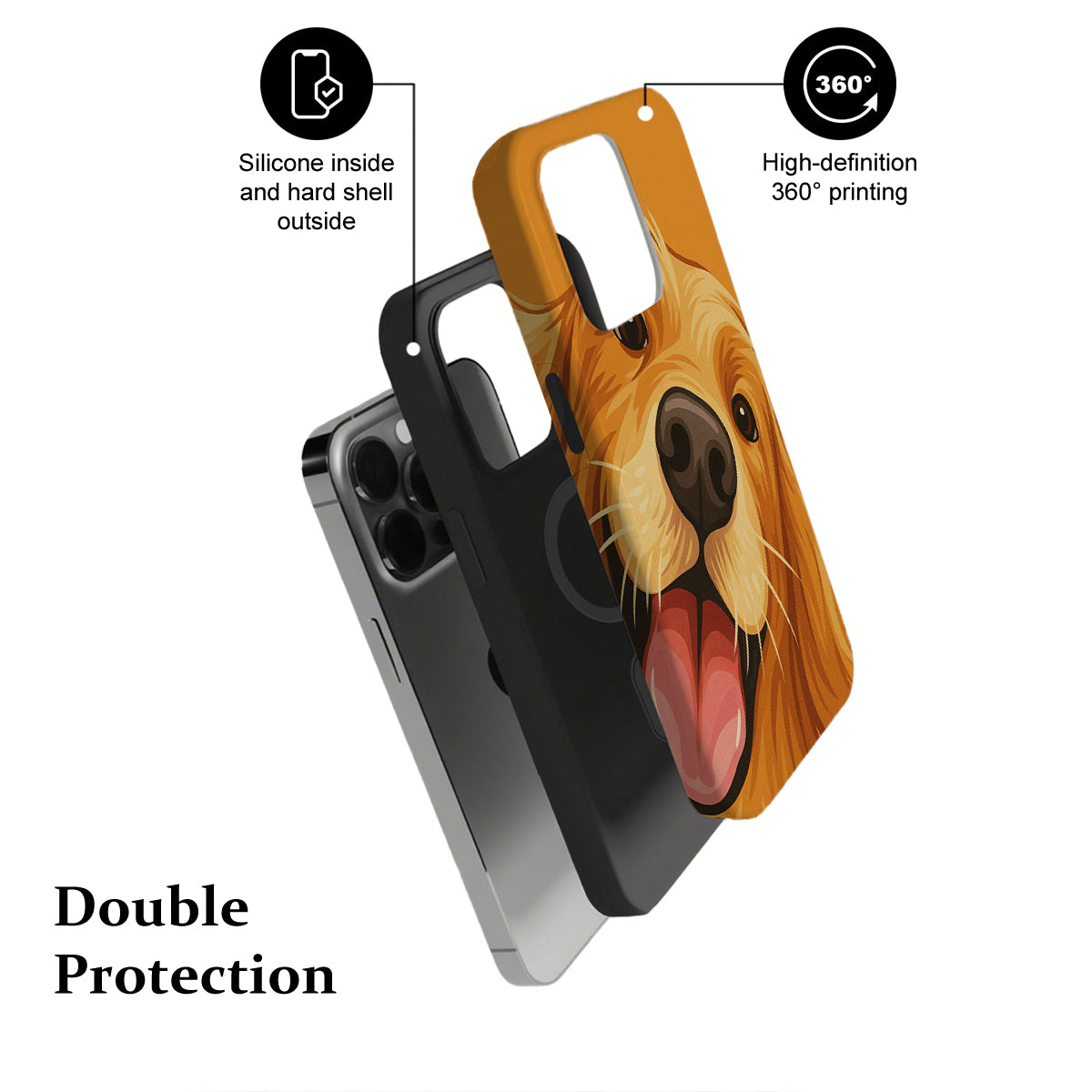 Phone case with dog design and text highlighting features on a white background