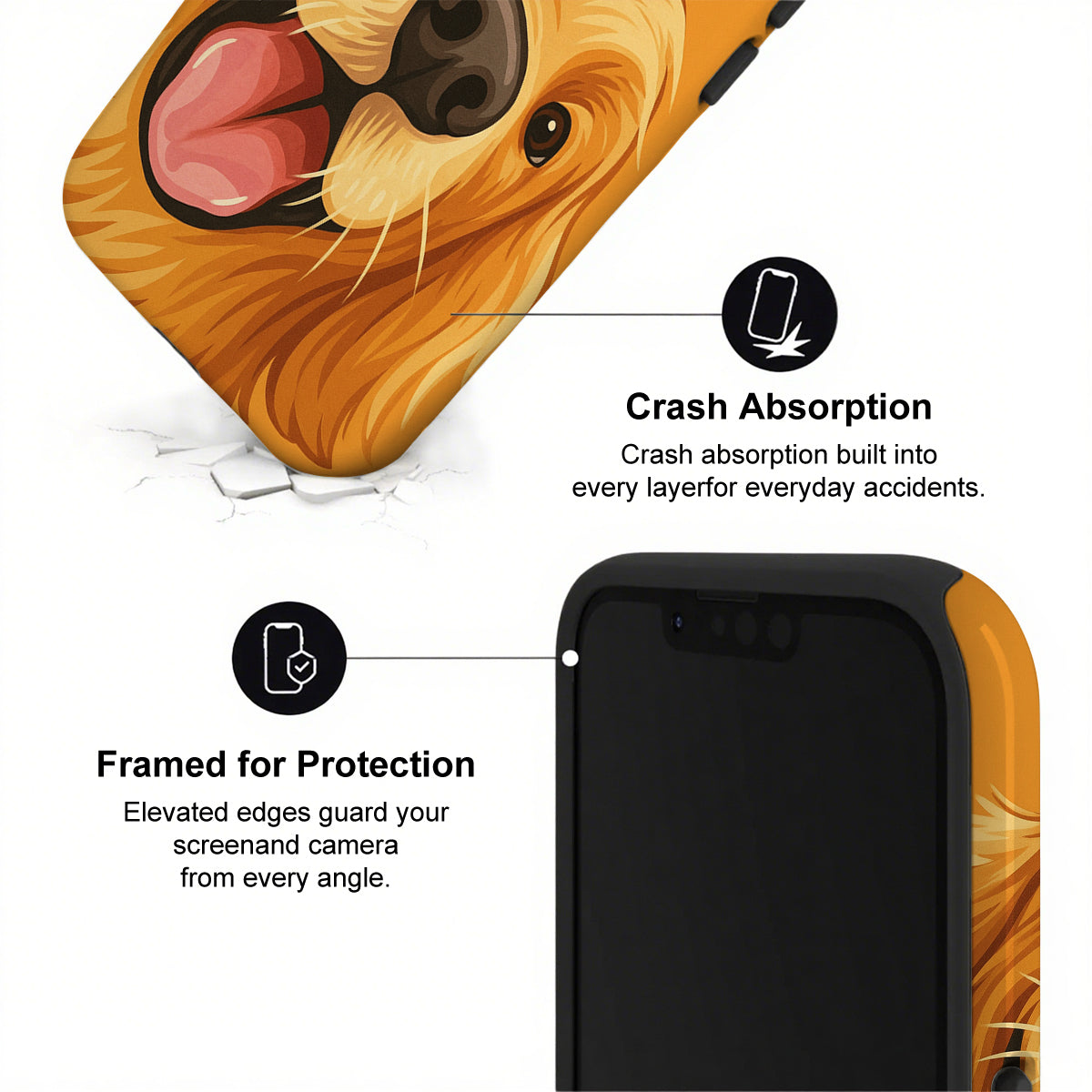 Phone case with cat design and text about crash absorption and protection
