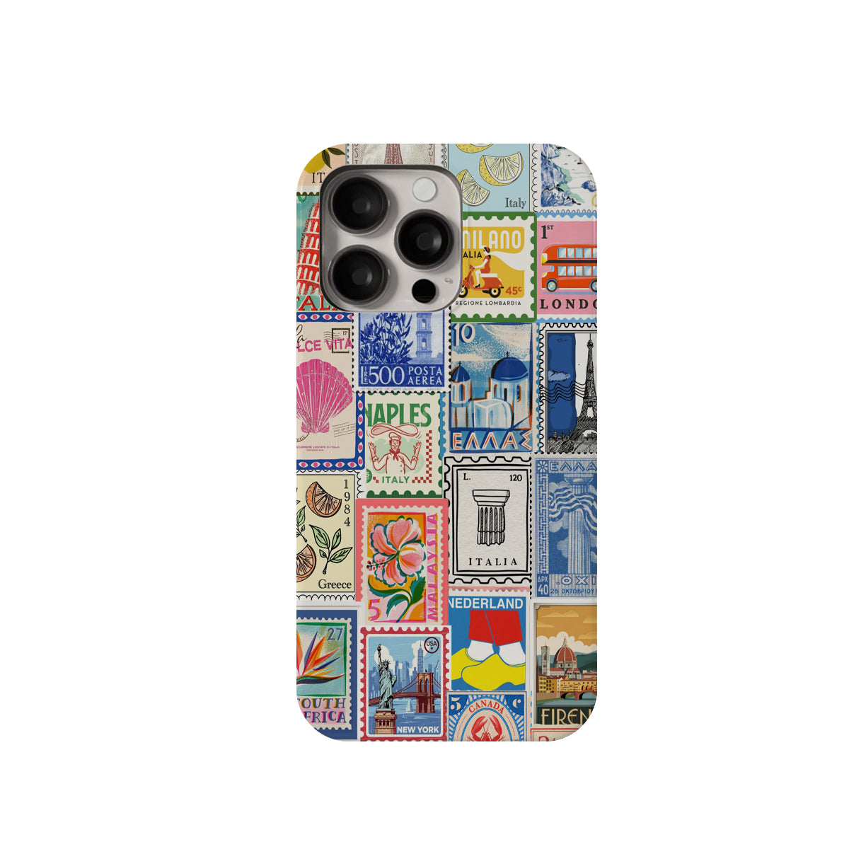 Phone case with colorful stamp design on a white background
