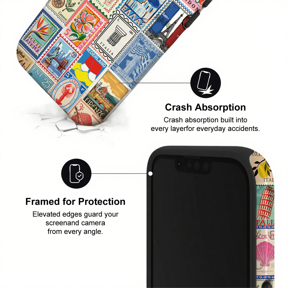 Phone case with colorful design and text highlighting crash absorption and protection features.