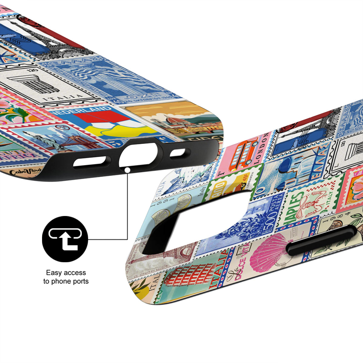 Phone case with colorful travel-themed design on a white background