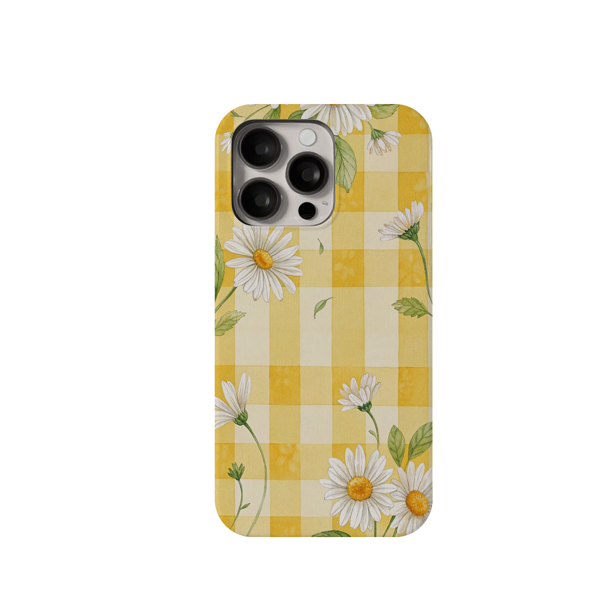 Phone case with daisy pattern on a yellow checkered background