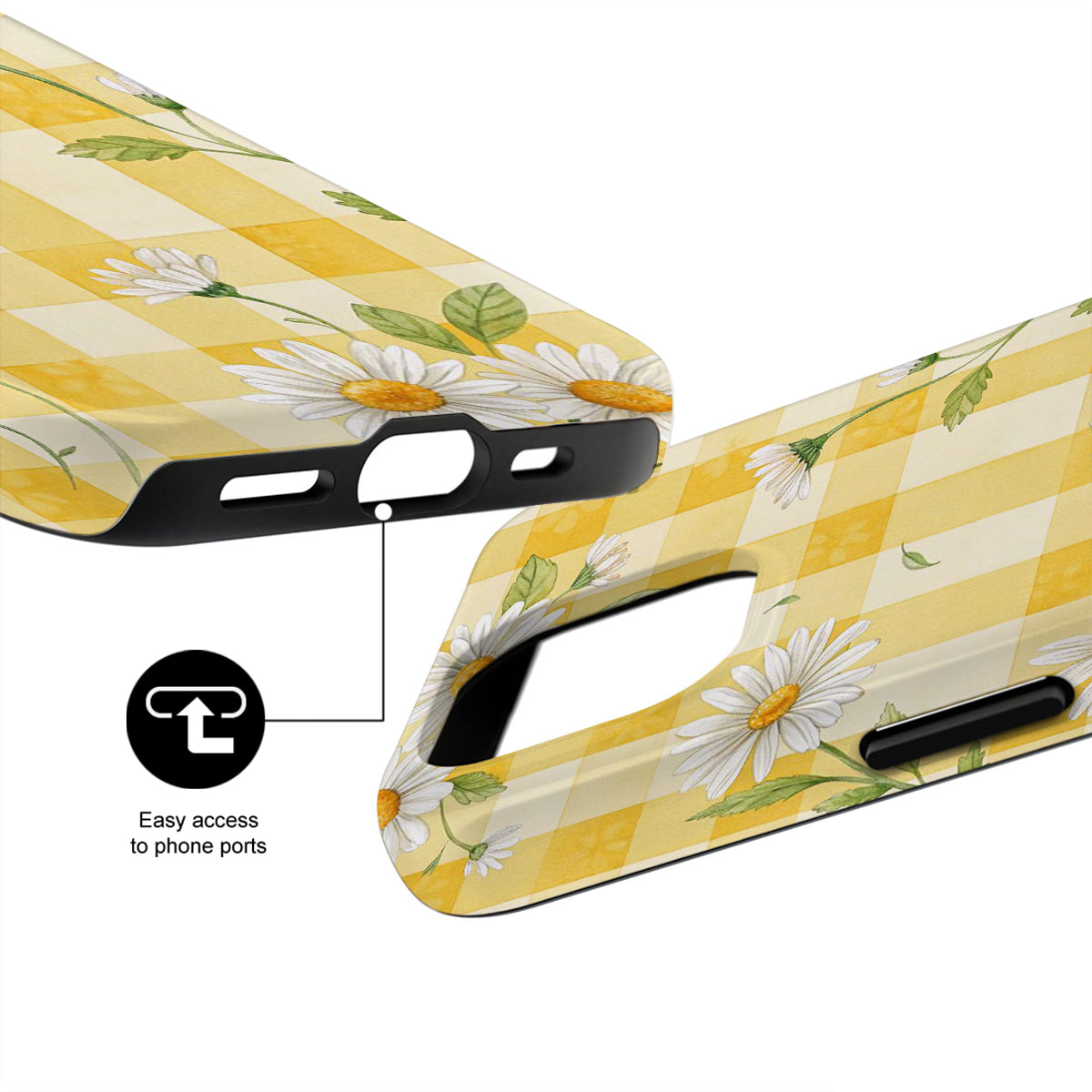Yellow checkered phone case with floral design on a white background