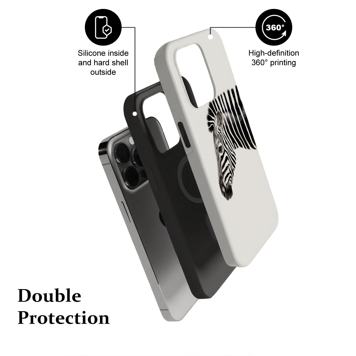 Phone case with zebra pattern on a white background, featuring text about material and printing quality.