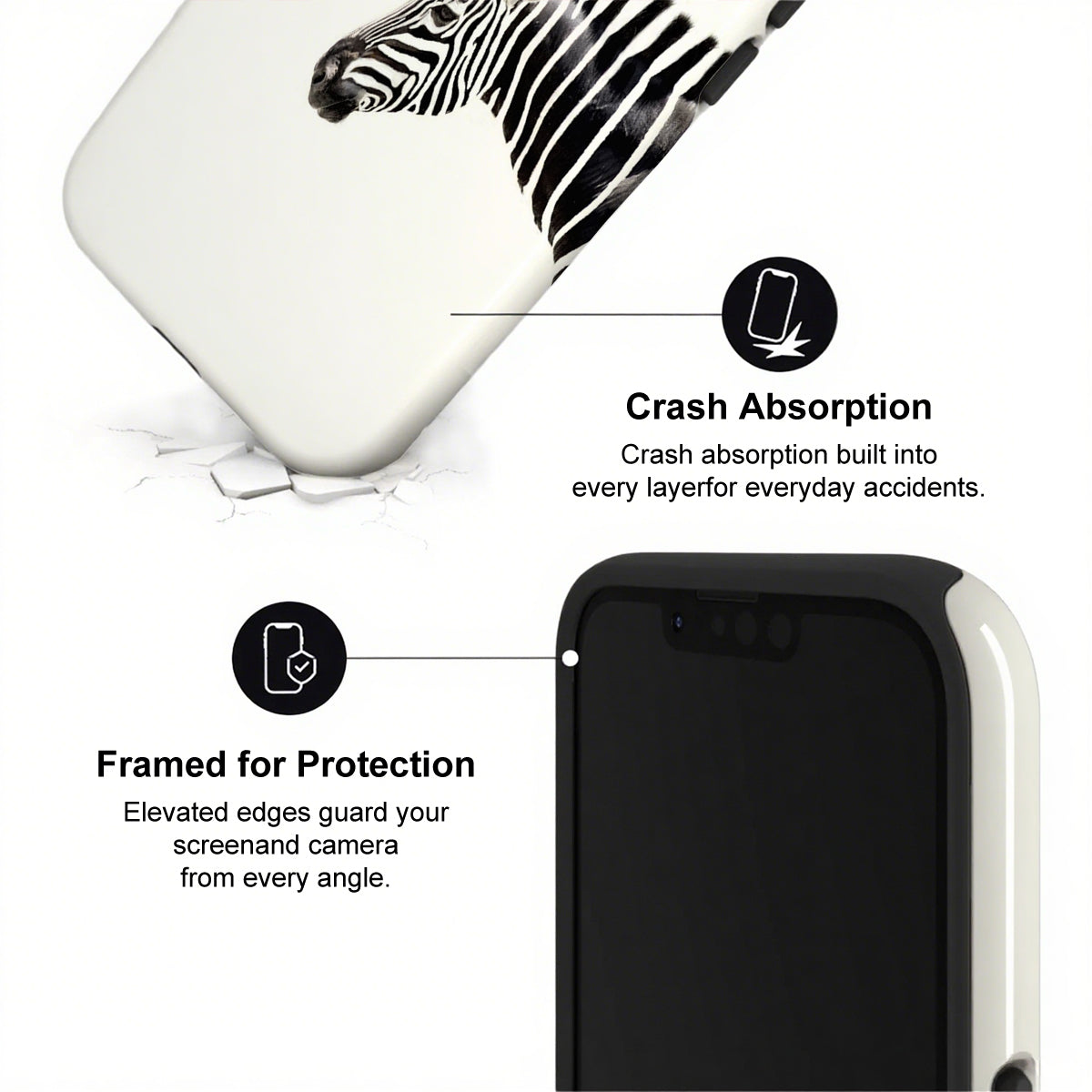 Phone case with zebra design and text highlighting crash absorption and protection features.