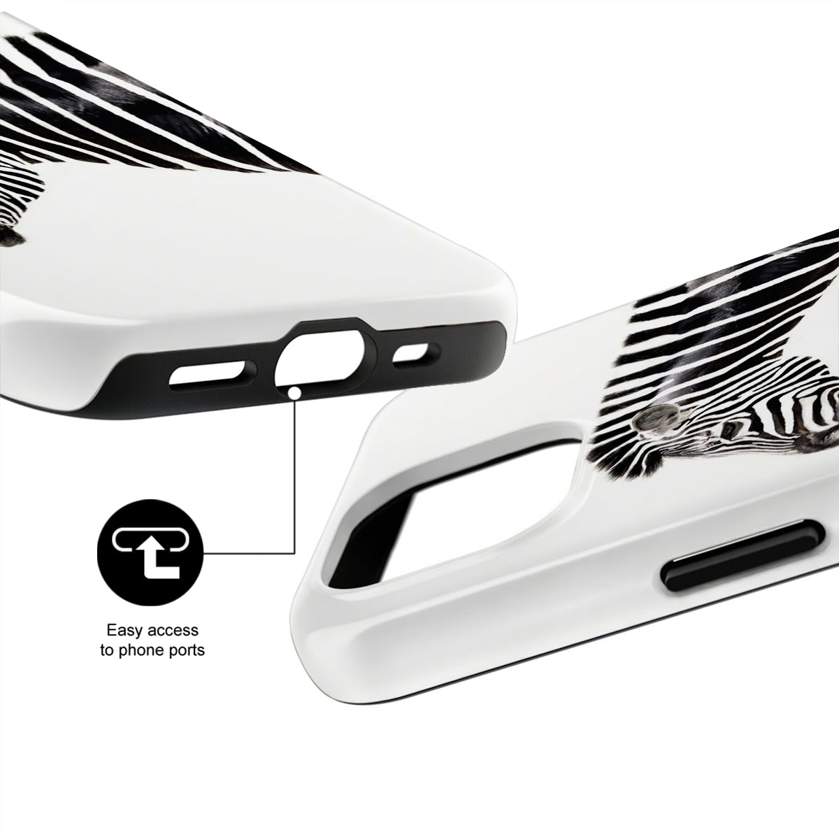 White phone case with black design and ports labeled on a white background