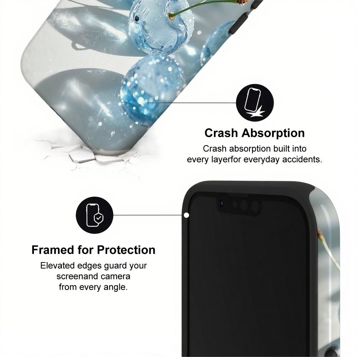 Phone case with crash absorption and framed protection features on a white background