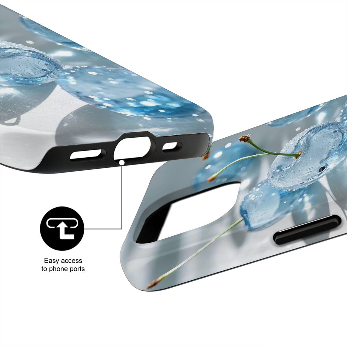 Phone case with water droplet design and text indicating easy access to phone ports