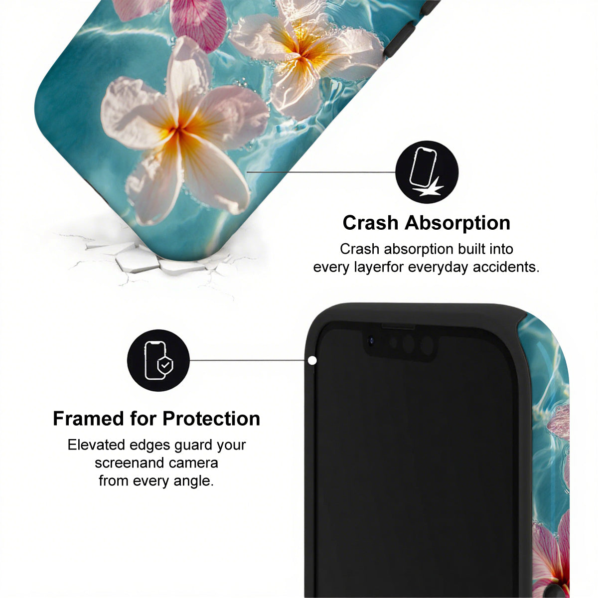 Phone case with floral design and text highlighting crash absorption and protection features.