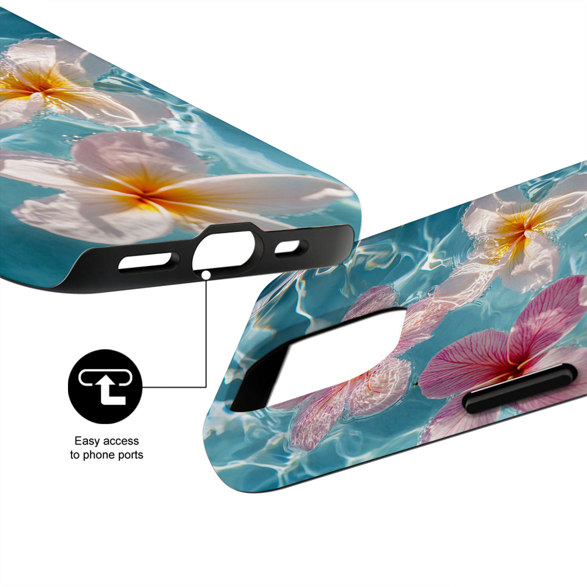 Phone case with floral design and easy access to phone ports feature