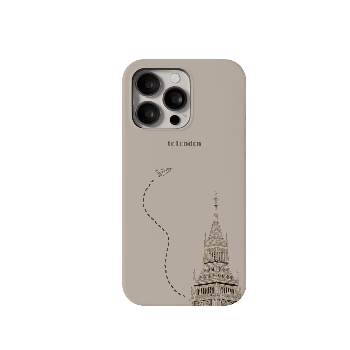 Phone case with a design of a tower and airplane on a beige background