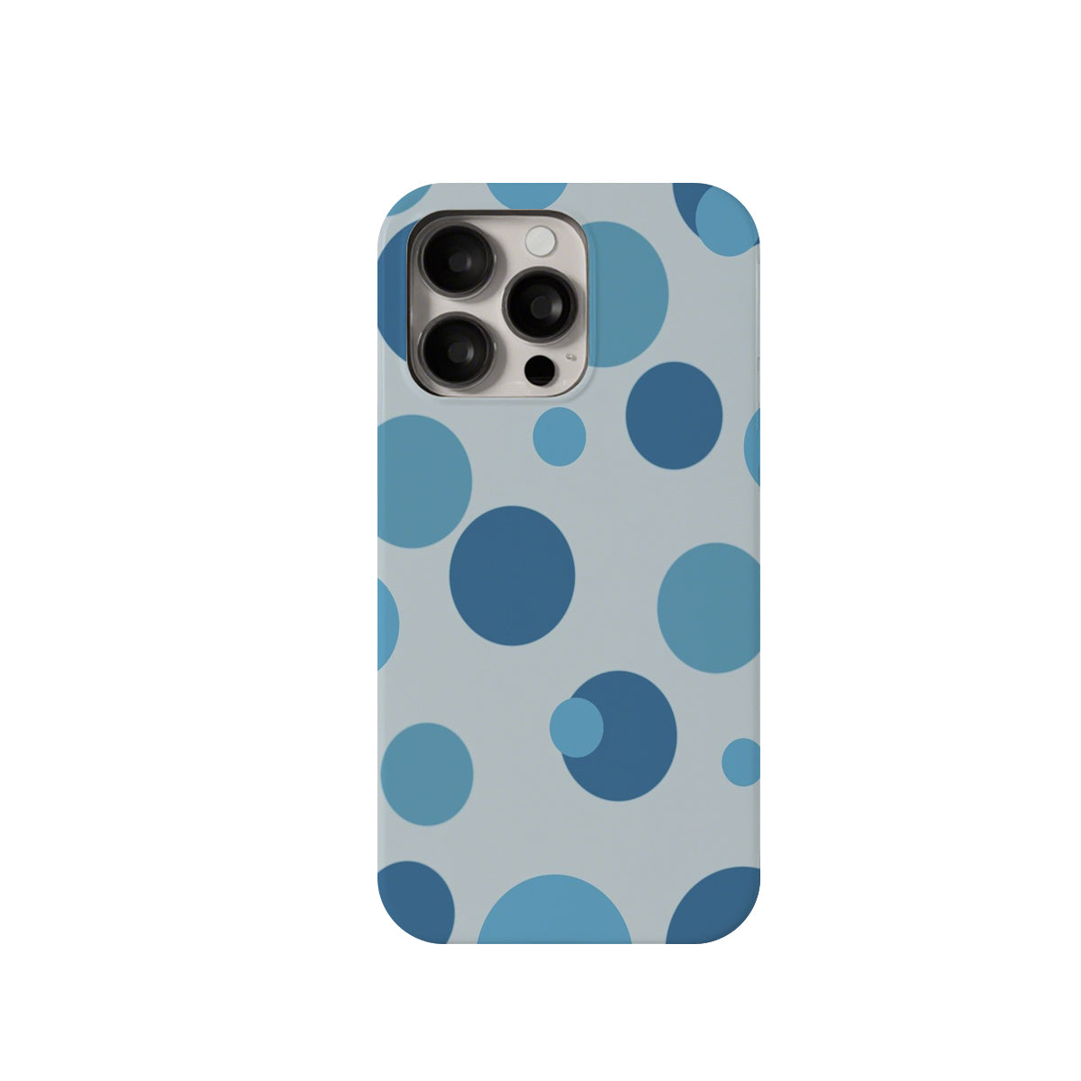 Phone case with blue polka dot pattern on a light gray background