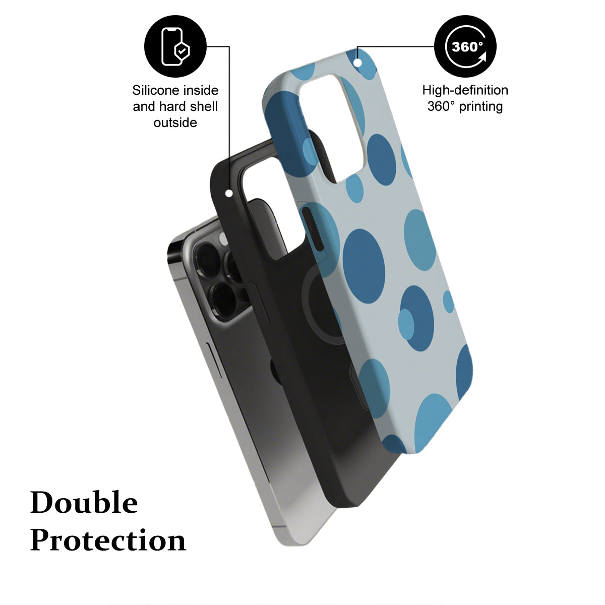 Phone case with blue polka dot design and text highlighting features on a white background