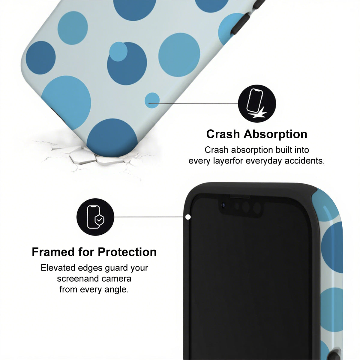 Phone case with blue polka dots and text highlighting crash absorption and protection features.