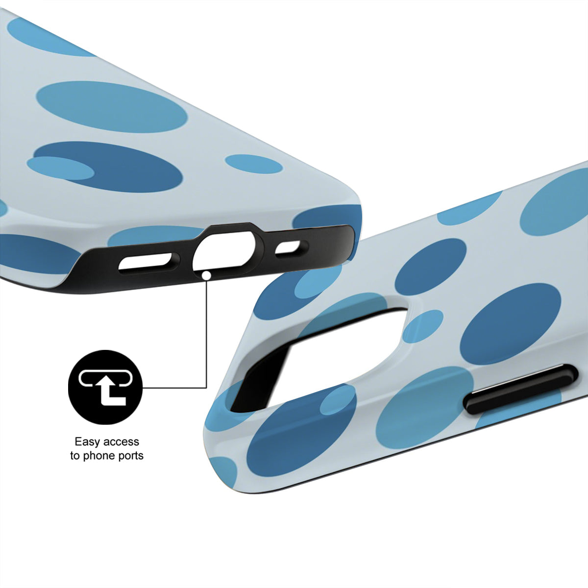 Blue and white polka dot phone case with clear design on a white background