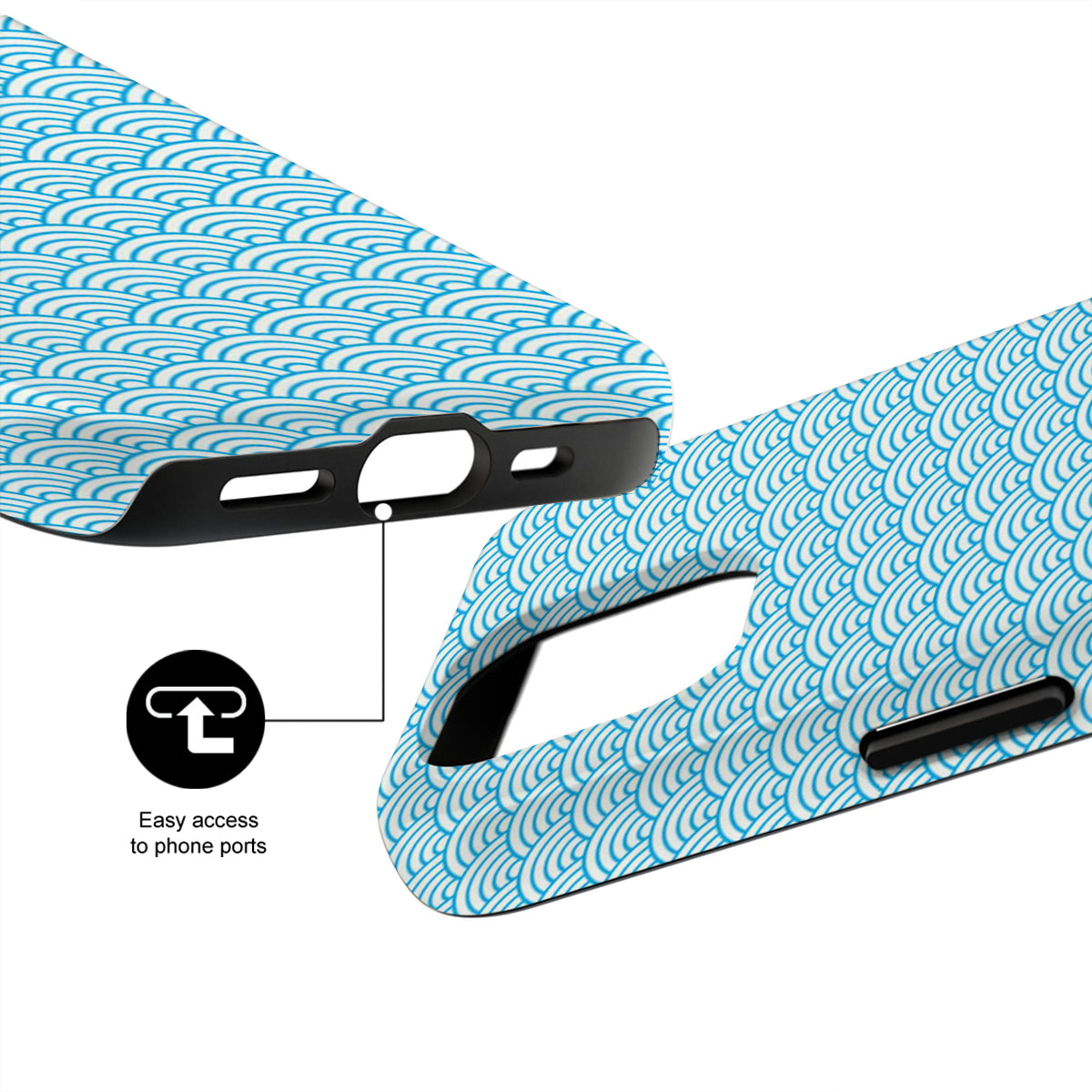 Blue patterned phone case with black accents and text indicating easy access to phone ports.