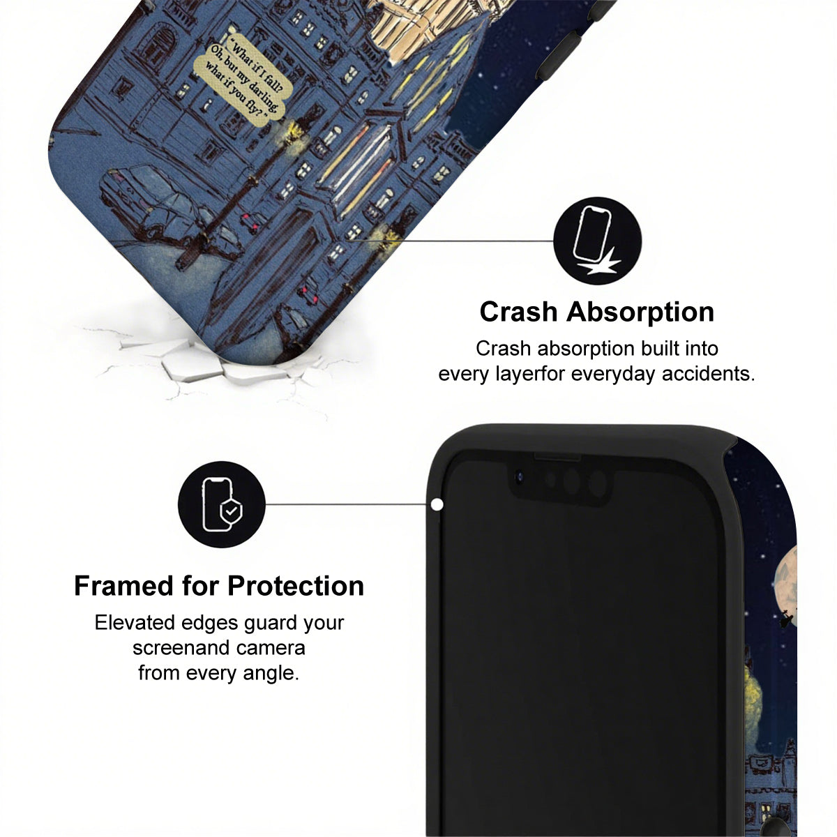 Phone case with artistic design and text highlighting crash absorption and protection features.
