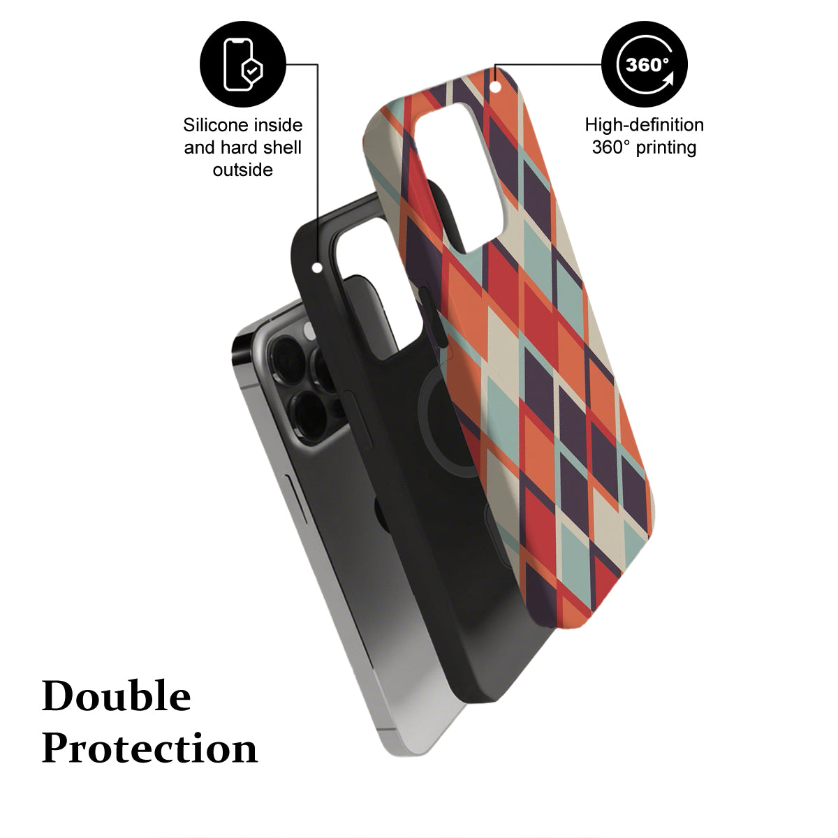 Phone case with plaid design and text highlighting features on a white background