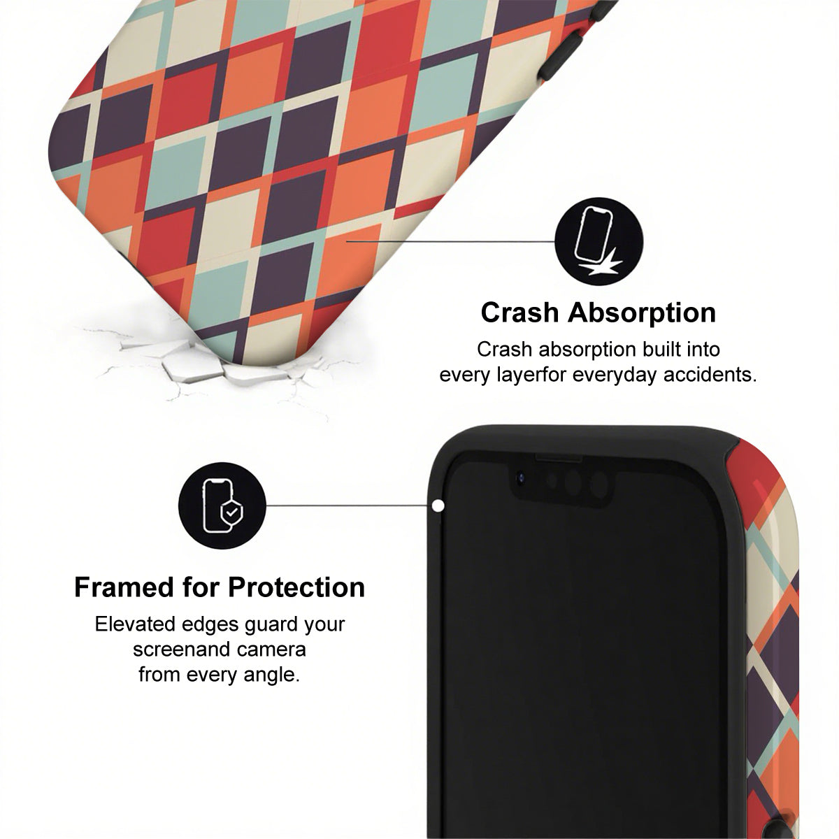 Phone case with geometric pattern and text highlighting crash absorption and protection features.