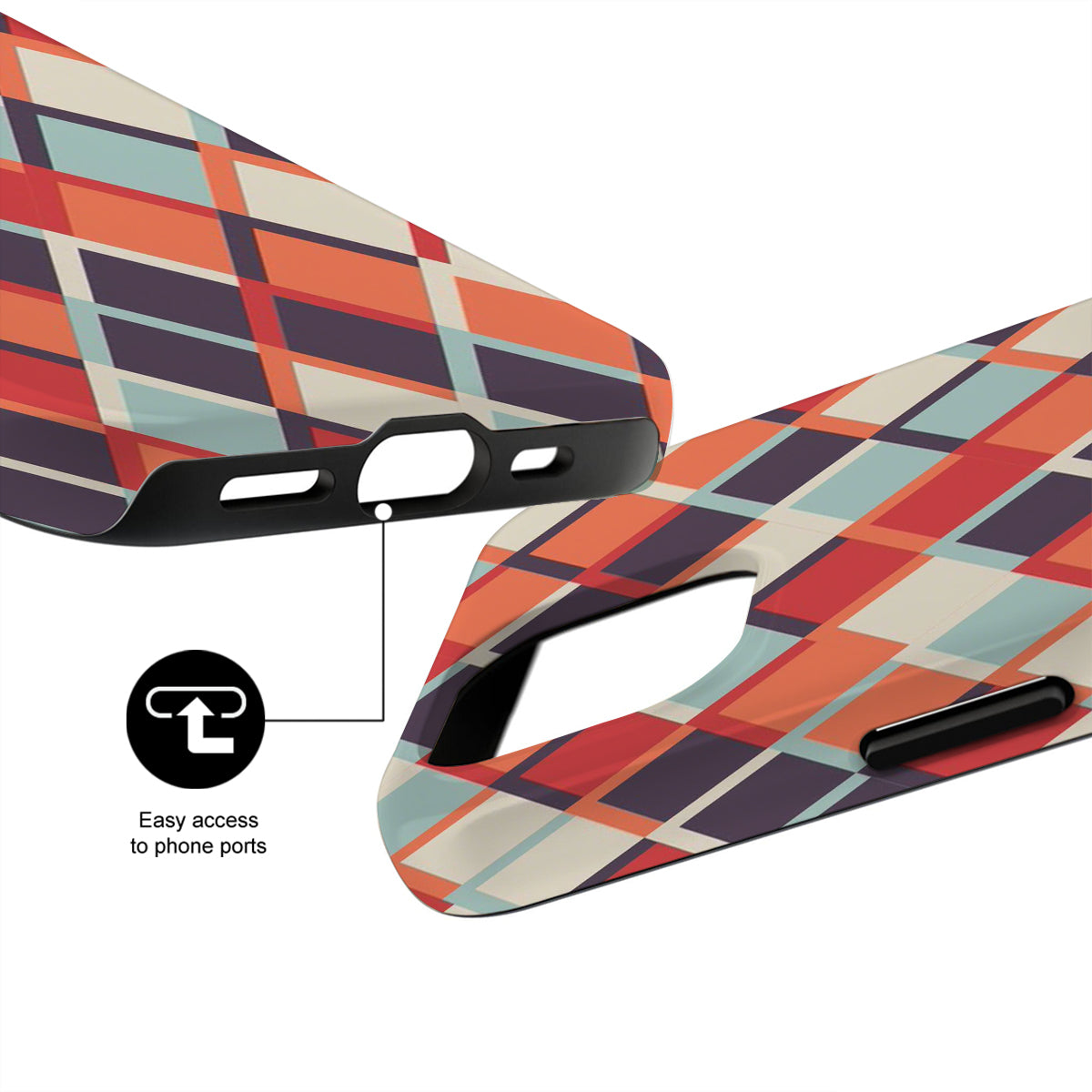 Colorful geometric-patterned phone case with black accents on a white background