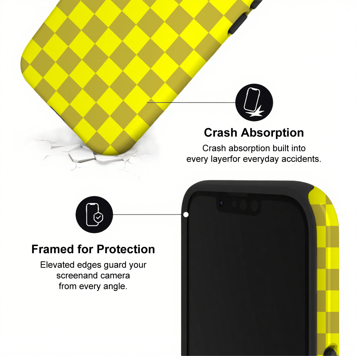Yellow and black checkered phone case with text on crash absorption and protection.