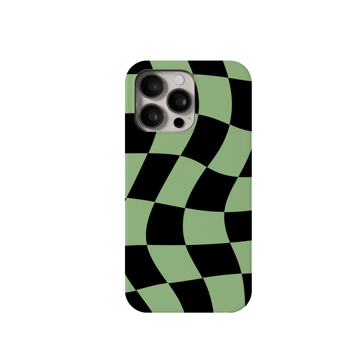 Phone case with green and black checkered pattern on a white background